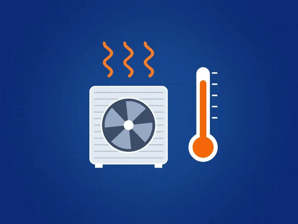 Illustration of an outdoor AC unit giving off heat next to a thermometer