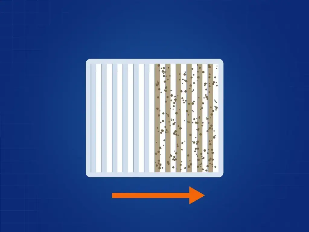 Illustration of an air filter, half clean and half clogged with dust
