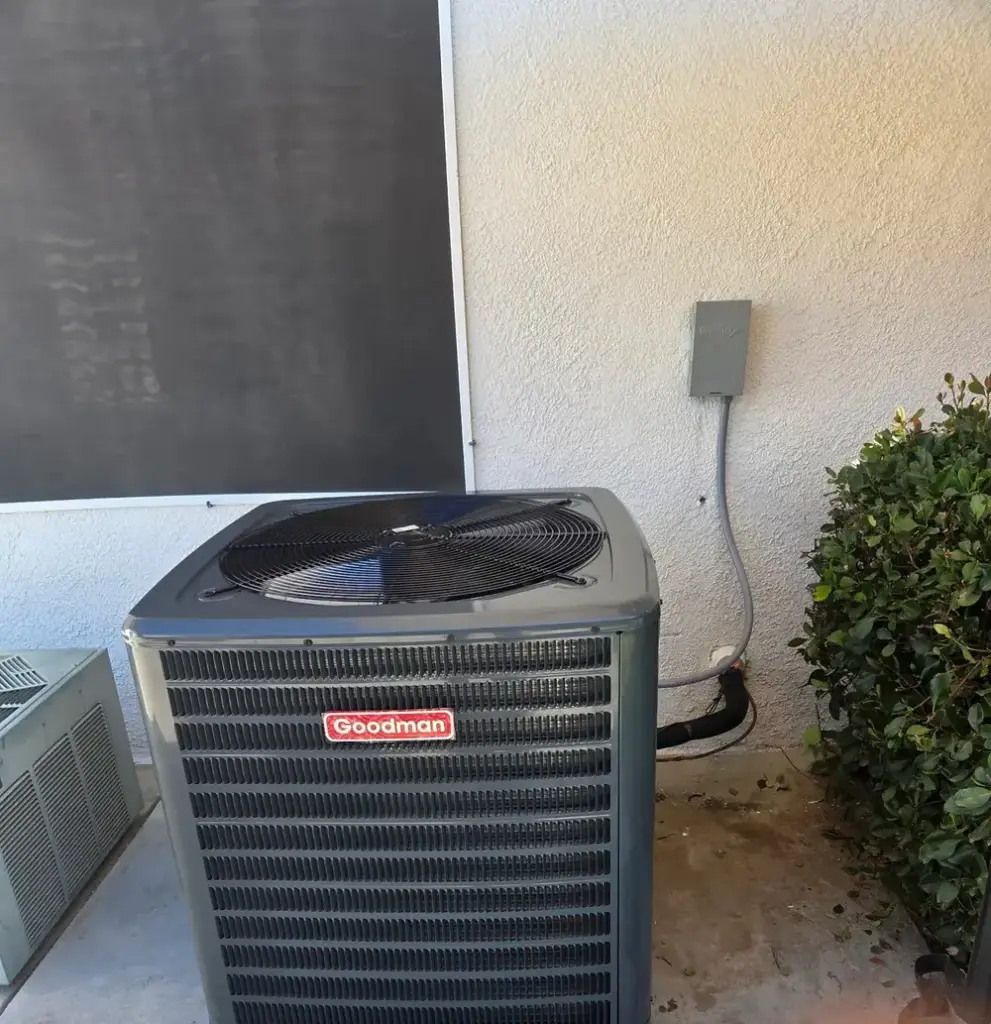 New Goodman air conditioning condenser installed by Palmer Heating and Air in Bakersfield