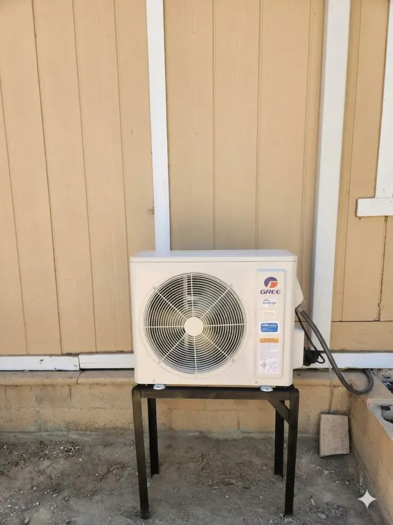 Mini-split outdoor unit on a stand installed by Palmer